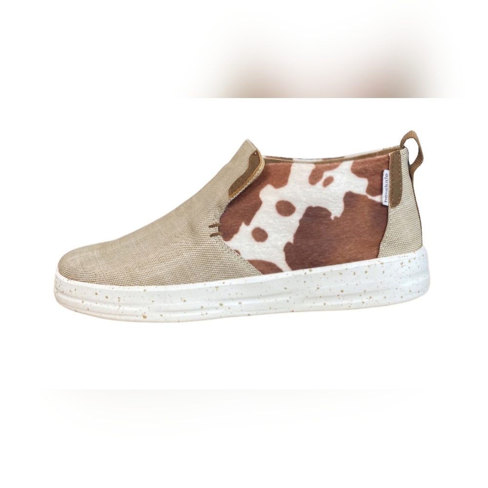 HEY DUDE Emma Chocolate Mix Cow Print Womens Size 8